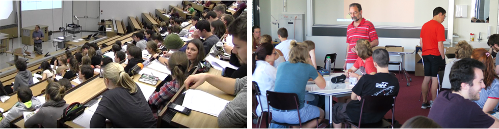 Photos of the lecture hall and of the SCALE-UP classroom