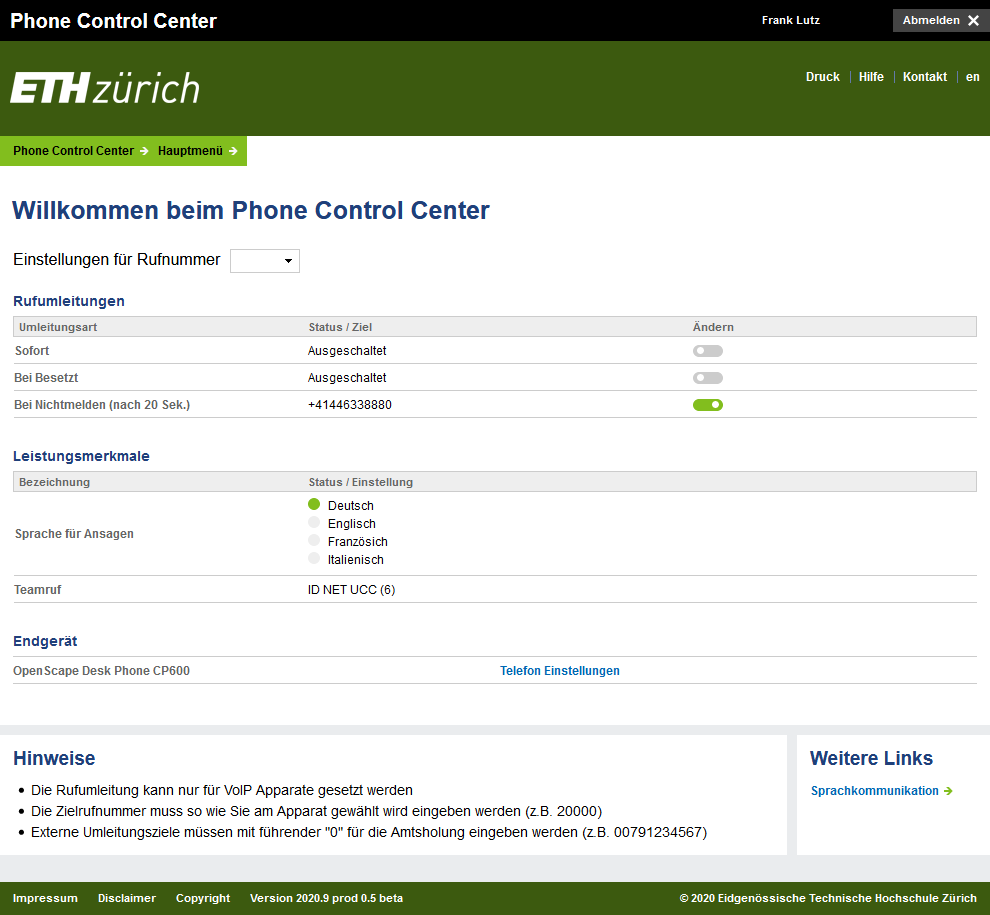 Phone Control Center mit Anleitungen, um die Telefone umzuleiten