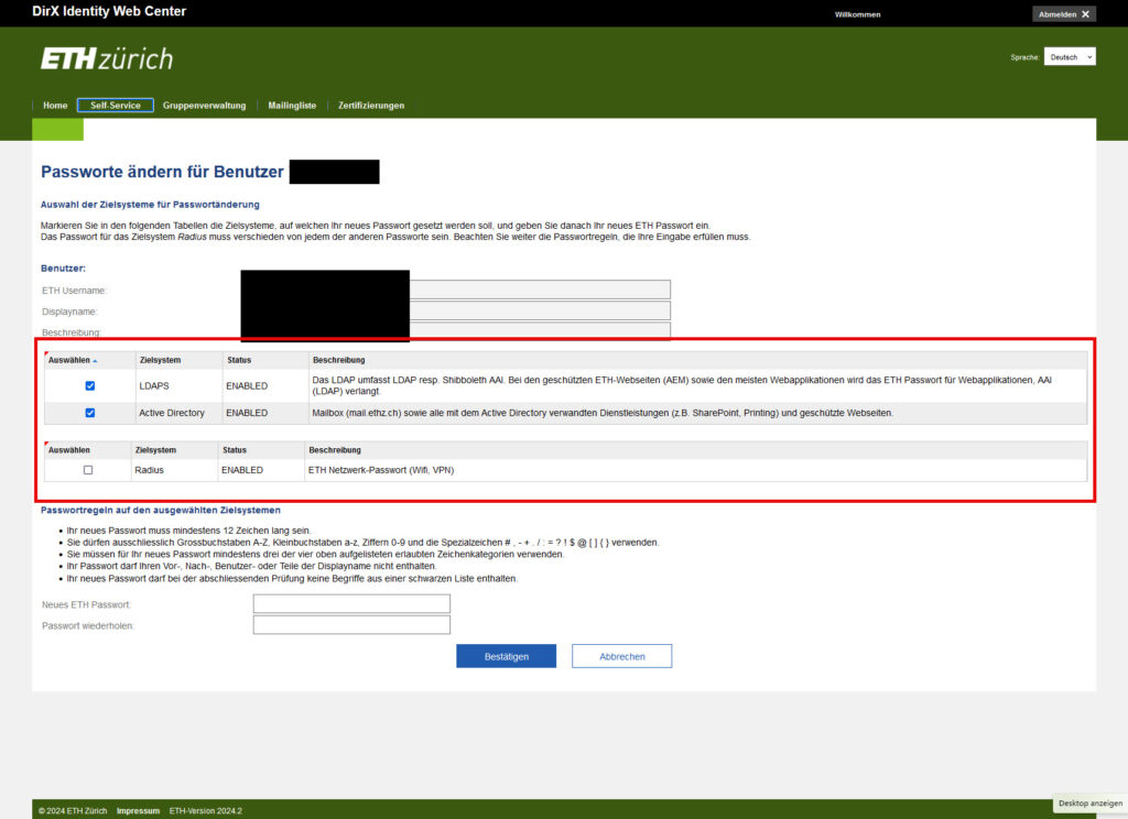 ETH Web Center Tab Self-Service > Passwort ändern