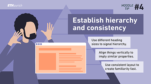 Establish hierarchy and consistency. Use different heading sizes to signal hierarchy. Align things vertically to imply similar properties. Use consistent layout to create familiarity fast. 