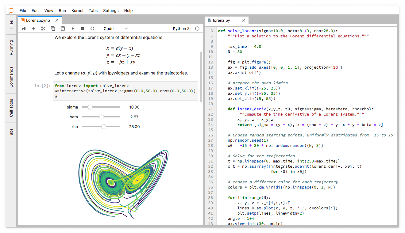 Beispiel einer Simulation mit Python. Hier die Lorenzkraft. Links eine Visualisierung. Rechts der Python Code.